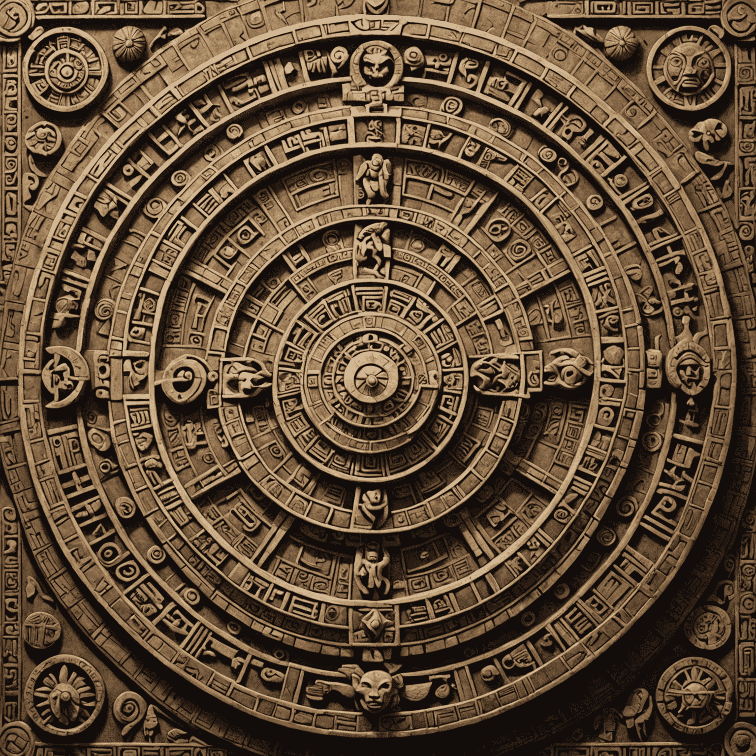 Calendario maya circular con símbolos astrológicos, rodeado de elementos de la cultura mexicana como pirámides y motivos decorativos.